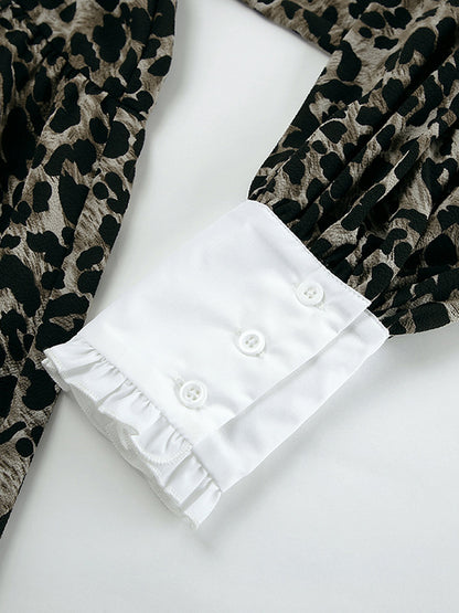 Puff Sleeves Contrast Color Falbala Leopard Split-joint Mini Dresses