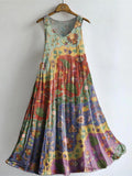 Womens Boho Floral Wave Collage Art Print Sleeveless Cotton Pocket Dre