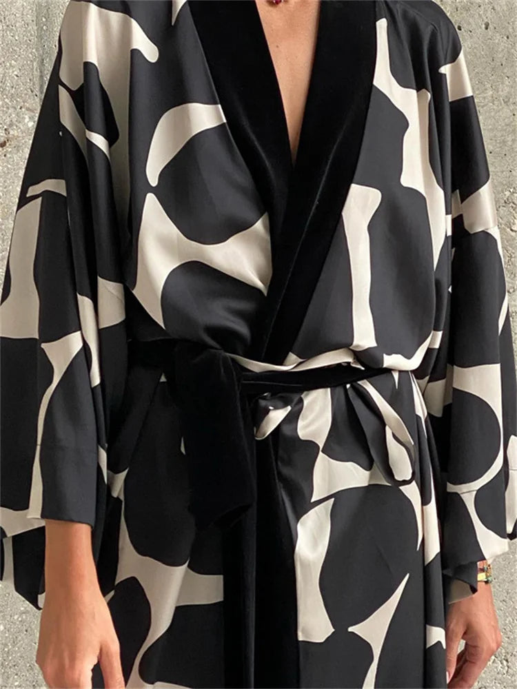Contrast Loose Lace-up Long Dress Nightwear for V-neck Long Sleeve Autumn Clothes Female Bandage Maxi Dress