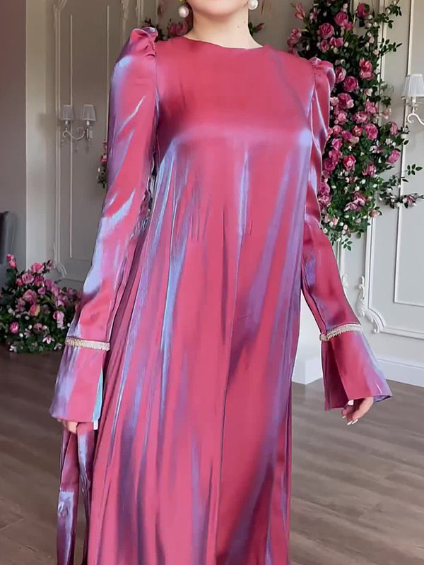 A-line Long Sleeves Pleated Color Tied Waist Zipper Round-neck Maxi Dresses