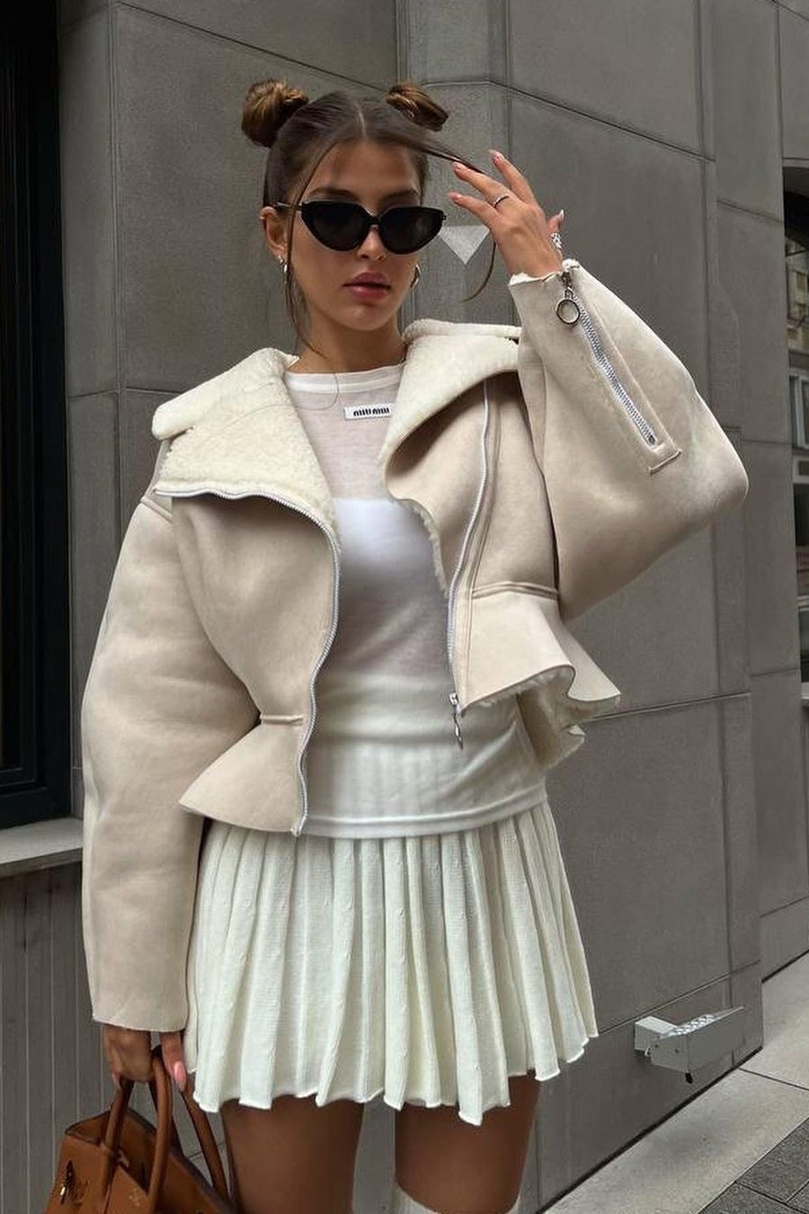 Odd Zip Leather Fur Pieced Coat