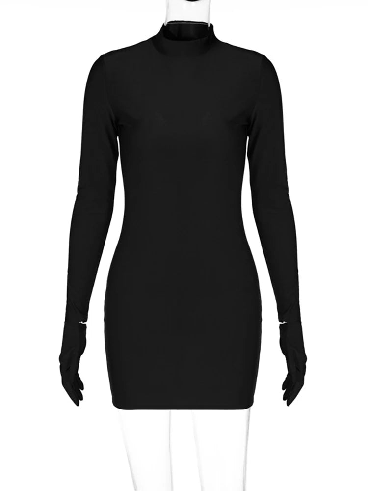 Long Sleeve With Gloves Mini Dress Bodycon Party Half Turtleneck Outfits Y2k Clothes