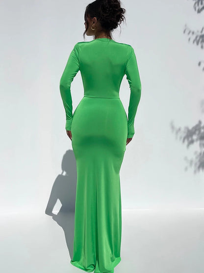 Deep V Long Sleeve Bodycon ’s Dress Slim Fit Lace Up High Split Female Maxi Dress Party Club Evening Dress