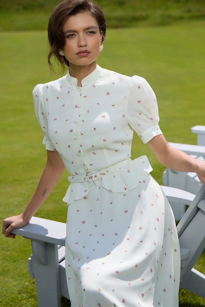 Puff Sleeve Stand Collar Waist Cinch Two Piece Set