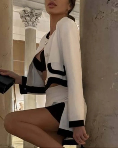 White Patchwork Side Slit Mini Office Two Piece Set