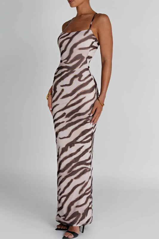 Open Back Printed Slim Fit Maxi Dress