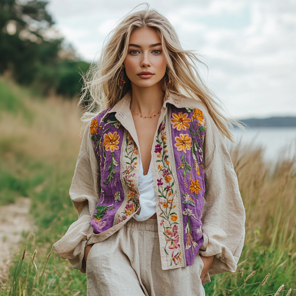 Vintage Floral Embroidery Multicolor Button-down Shirt elevenforest