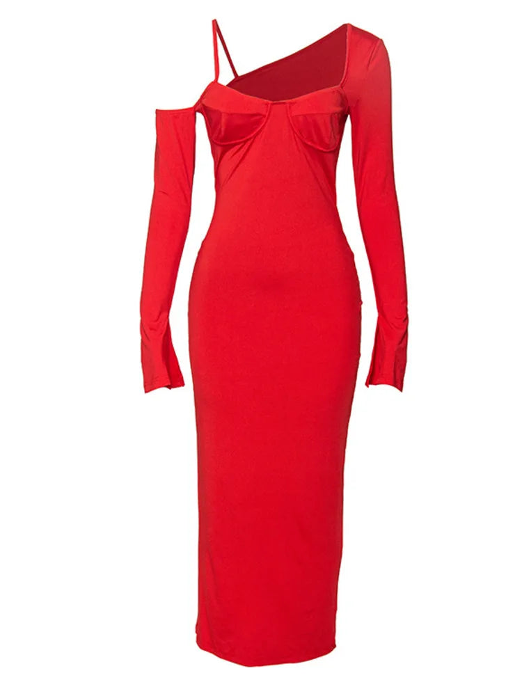 Autumn Oblique Shoulder Long Sleeve Dress for Wrap Hip Fit Irregular Long Dress Party Evening Dress