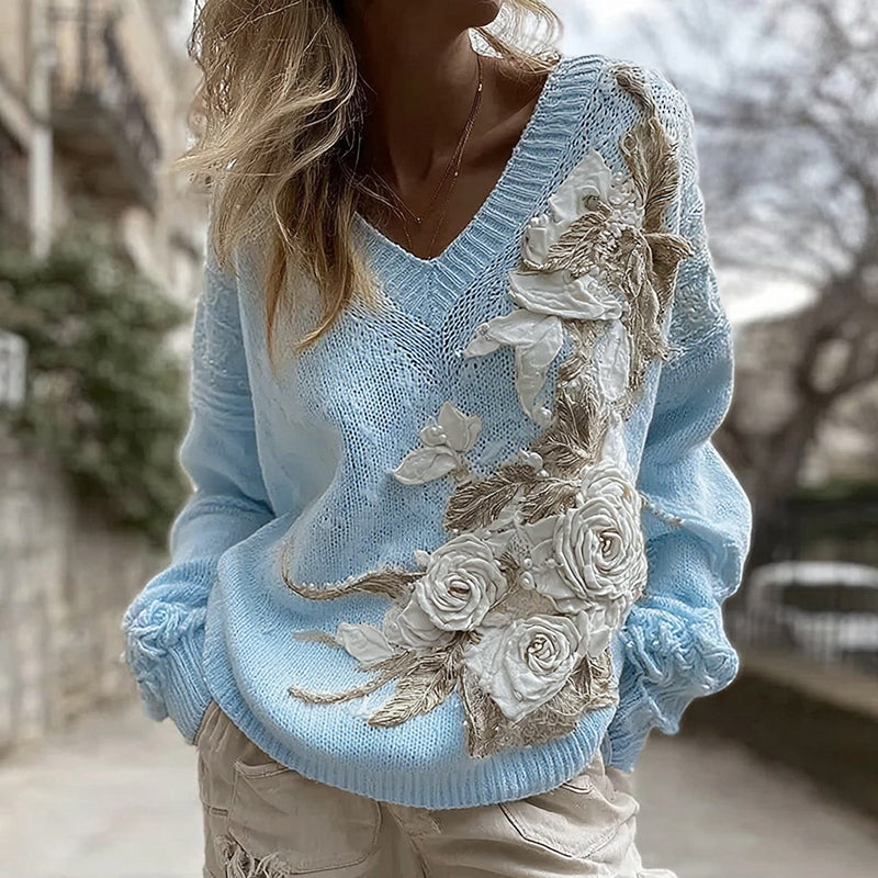 Women's White Rose Knitted Warm V-neck Sweater elevenforest