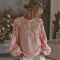 Women's Vintage Pink Rose Embroidery Art Round Neck Casual Sweatshirt elevenforest