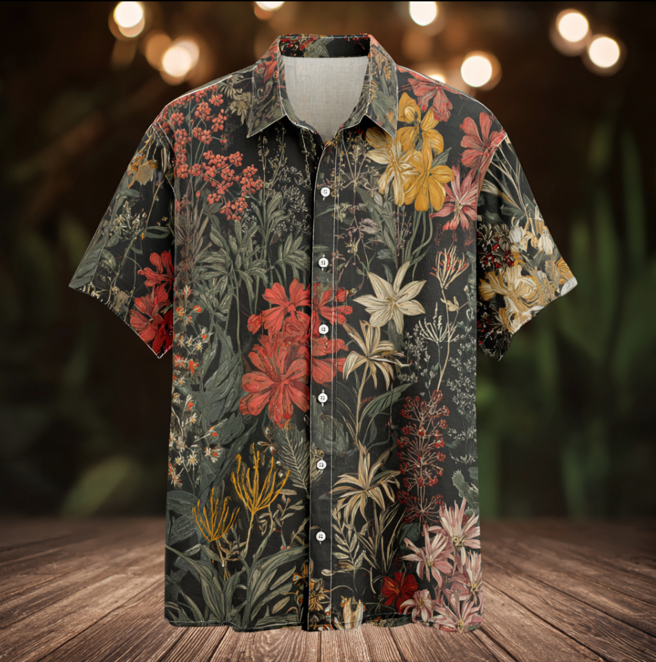 Bohemian Style Plant And Flower Pattern Men's Retro Cotton And Linen Shirt elevenforest