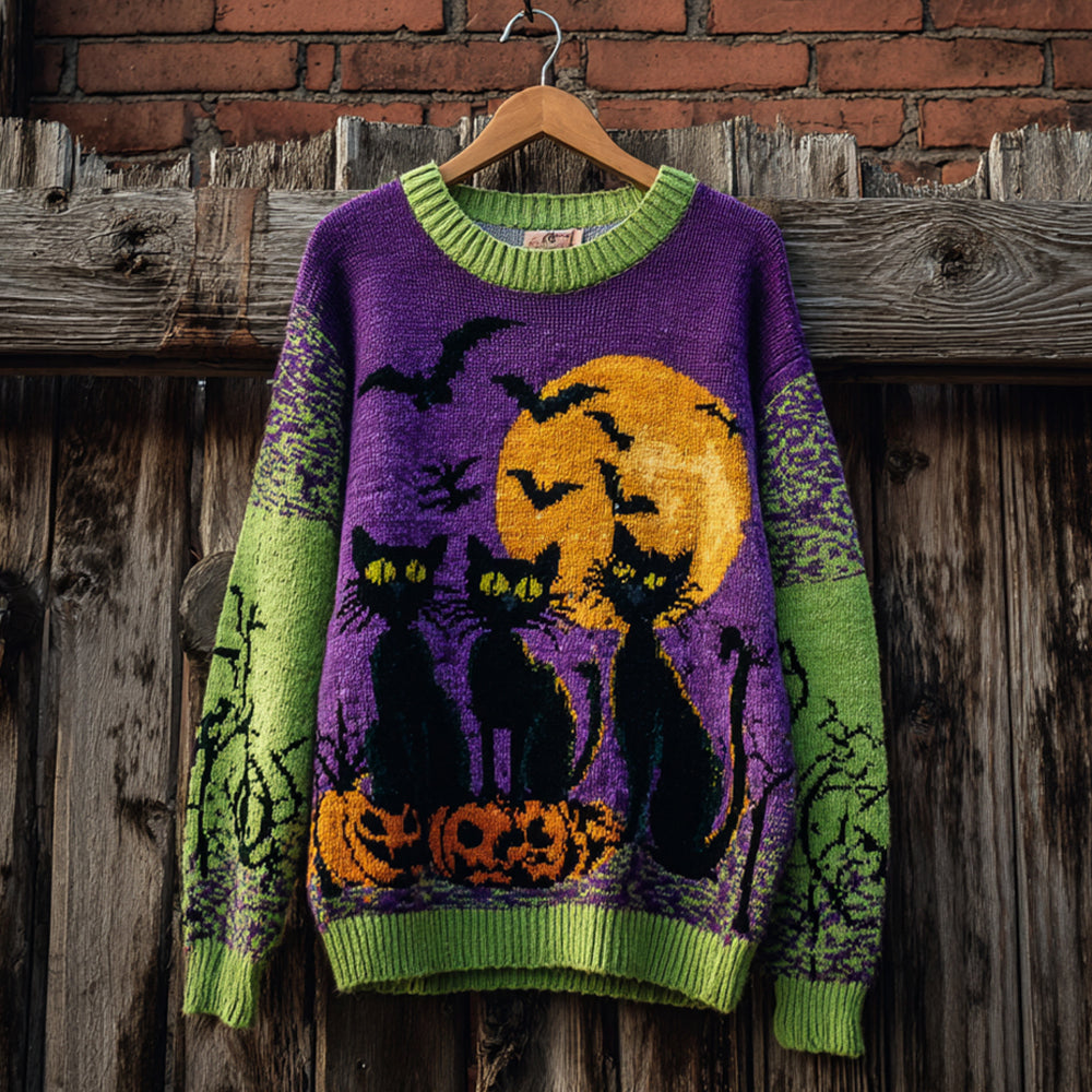 Comstylish Halloween Black Cat Color Clash Women's Knitted Sweater