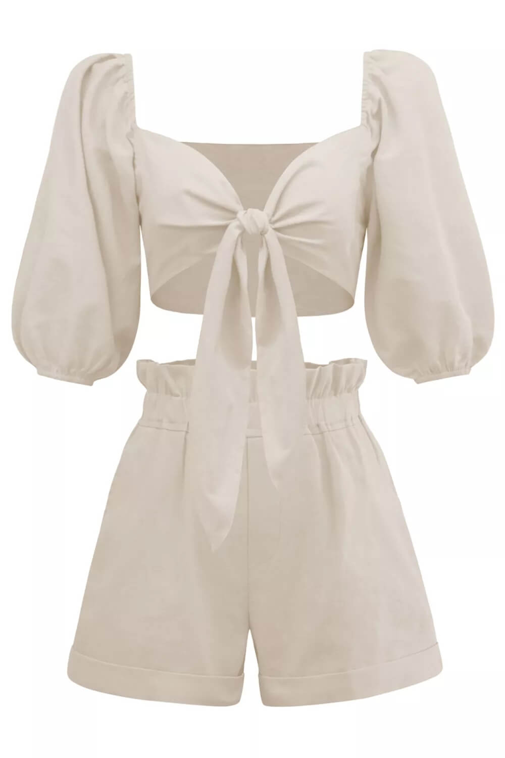 Linen Wrap Front Tie Puff Sleeve Shorts Sets in Khaki