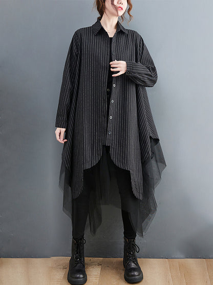 Loose Striped Gauze Split-joint Lapel Long Dress