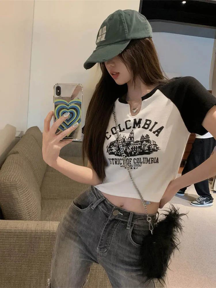 Printed T-shirts Slim V-neck Crop Top Y2k Aesthetic Short Sleeve Grunge Tee Korean Version Pullovers