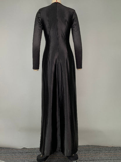 Color Bodycon Long Sleeves Pleated Split-front Tied Waist Deep V-neck Maxi Dresses