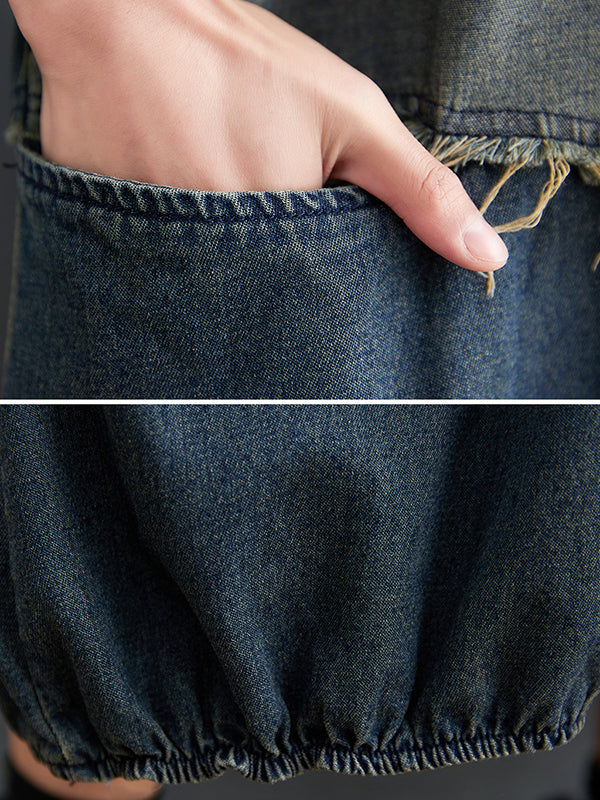 Original Loose Denim Contrast Color Round-neck Long Sleeves Midi Dress