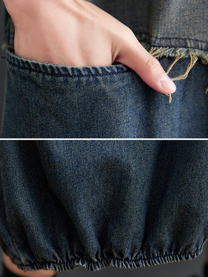 Original Loose Denim Contrast Color Round-neck Long Sleeves Midi Dress