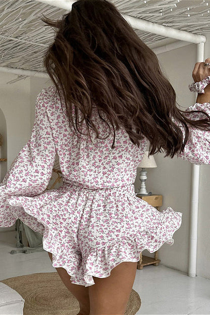 Long Sleeve Collar Flip Shirt Ruffled Shorts Two Piece Set