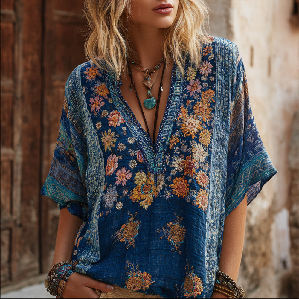 Vintage Knitted Three-dimensional Embroidered Flower V-neck Short-sleeved Shirt elevenforest