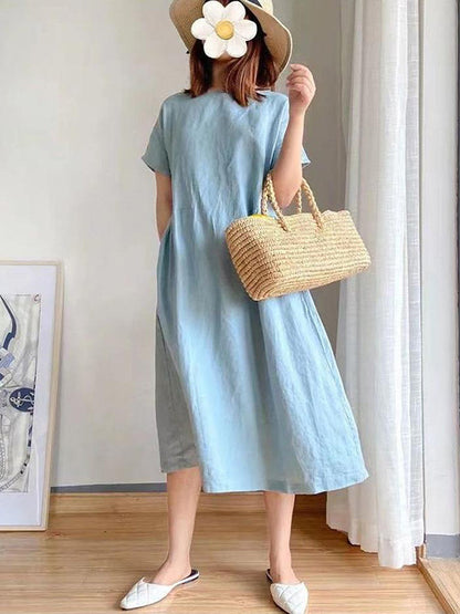 Loose Color Round-neck Midi Dresses