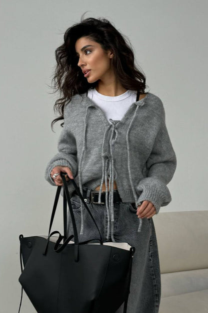 Color Bow Tie Long Sleeve Knit Cardigan