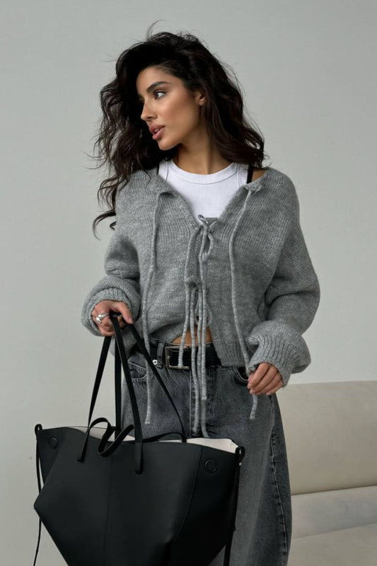 Color Bow Tie Long Sleeve Knit Cardigan