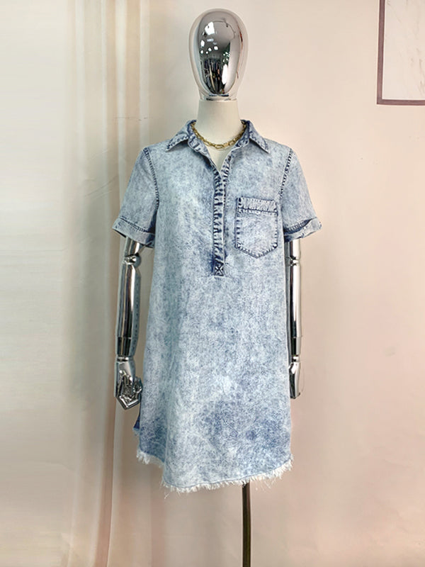A-line Loose Fringed Pleated Pockets Split-joint Lapel Mini Dresses