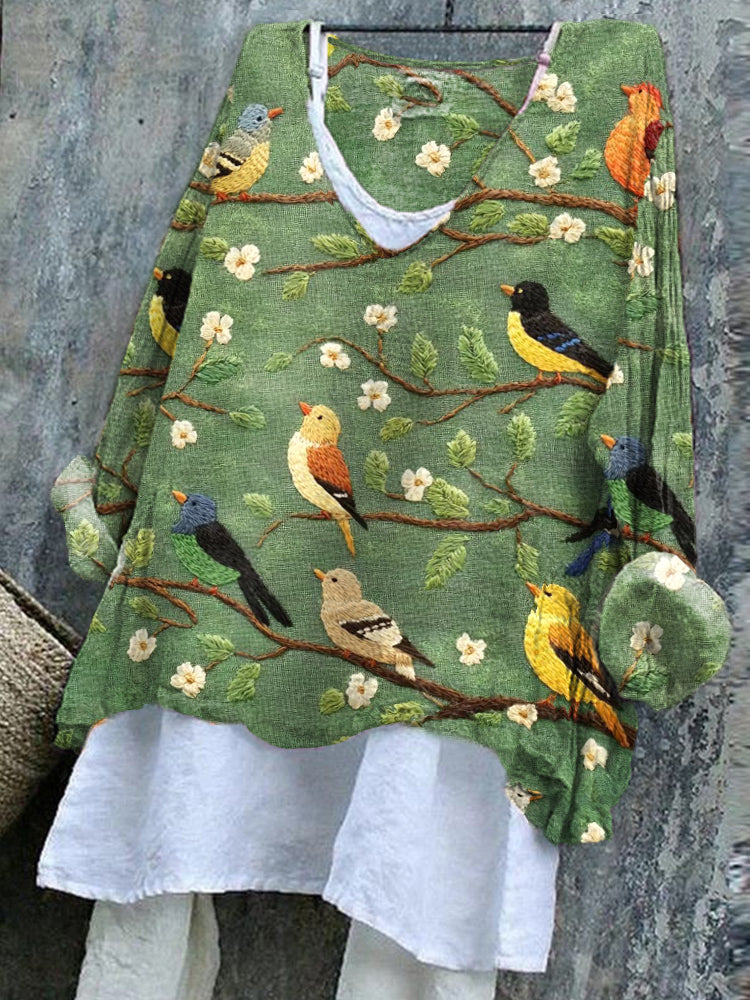 Comstylish Women's Flower And Bird Embroidery Art Linen Blend Shirt