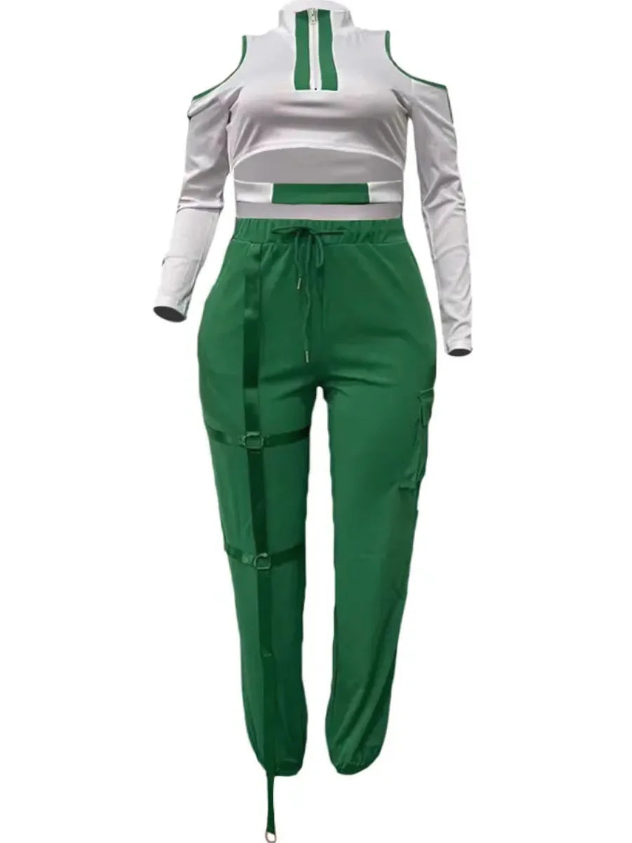 Color Block Zipper Cut Out Round Neck Cold Shoulder Pierced Drawstring Two Piece Pants Set