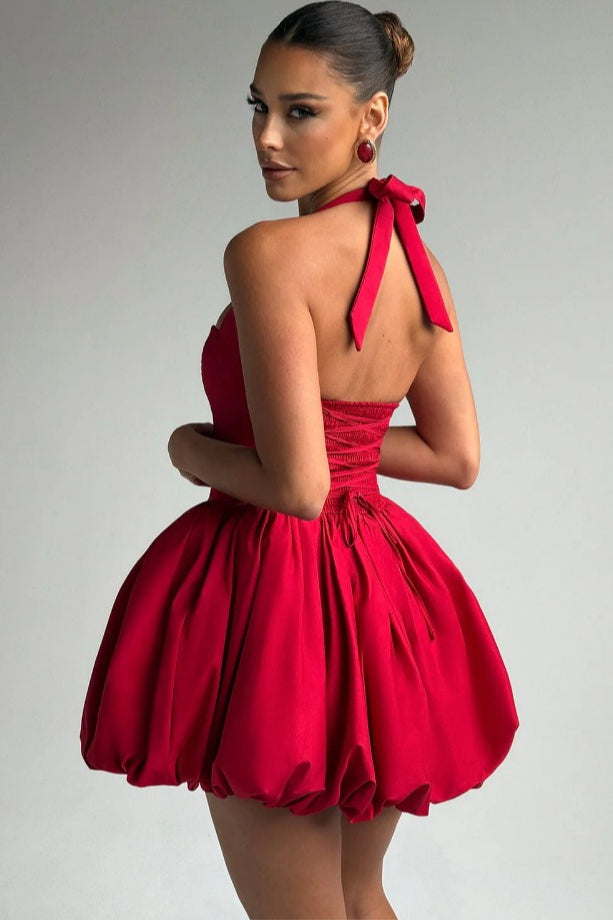 Halter Tie Bow Puffy Hem Mini Dress
