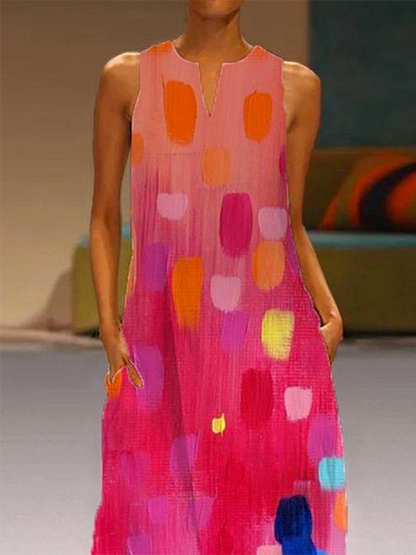 Loose Sleeveless Contrast Color Printed V-neck Maxi Dresses