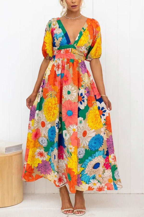 Frenzy Printed Puff Sleeve Back Smocked Maxi Dress