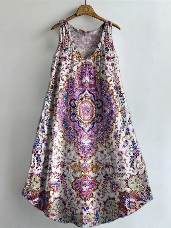 Women's Ethnic Totem Floral Art Print V-neck Pocket Cotton Dress