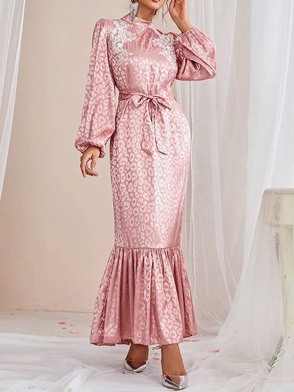 A-line Bishop Sleeve Elasticity Leopard Split-joint Tied Waist Mock Neck Maxi Dresses