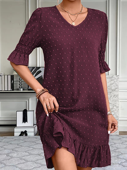 A-line Flared Sleeves Elasticity Jacquard Pleated Color Split-joint V-neck Mini Dresses