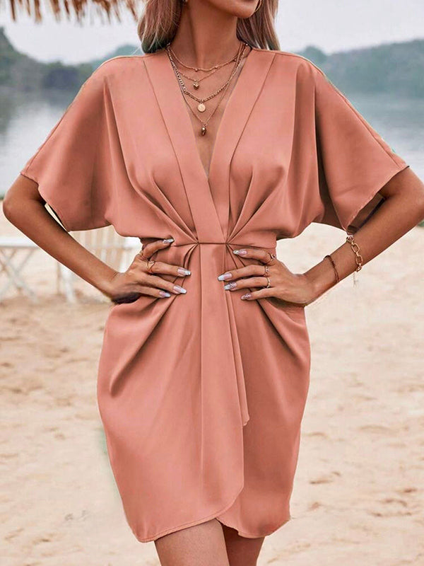 Loose Raglan Sleeve Pleated Color Split-joint Deep V-neck Mini Dresses