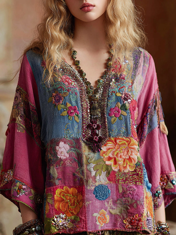 Bohemian Patchwork Multi-colored Floral Embroidery Pink V-neck Short-sleeved Shirt elevenforest