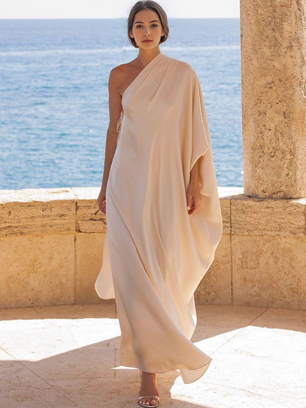 Batwing Sleeves Loose Color Split-joint One-shoulder Maxi Dresses