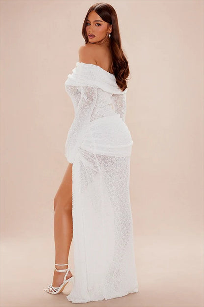 Off Shoulder Cutout Flare Sleeve Fitted Sash Maxi Dress