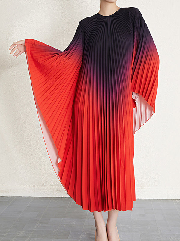 Batwing Sleeves Loose Gradient Pleated Round-neck Midi Dresses
