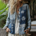 Vintage Bohemian Floral With  Japanese Traditional Sashiko Art Embroidery Print Cotton And Linen Blend  Blazer With Buttons