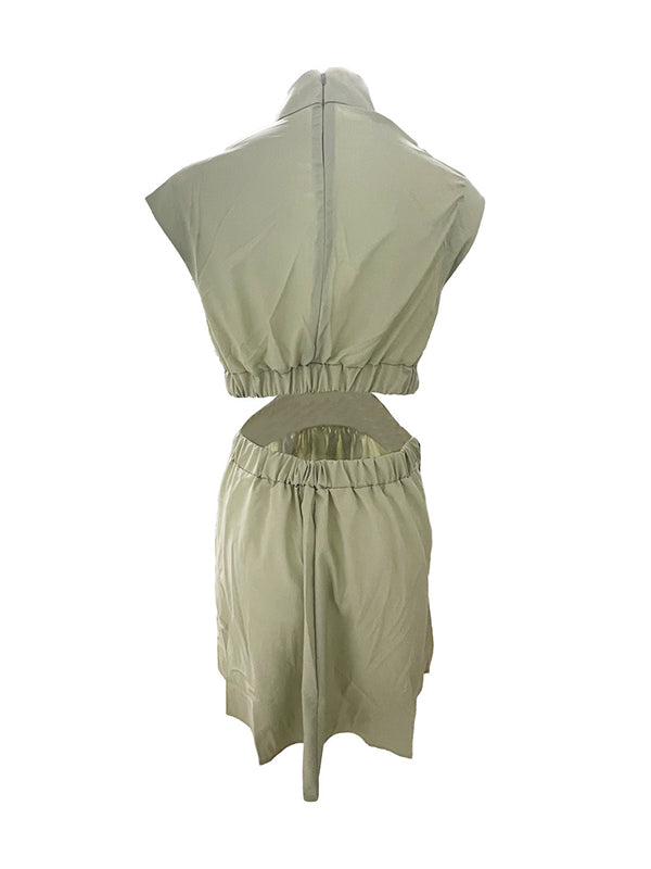 Skinny Belly-hollow Pleated Color Stand Collar Mini Dresses