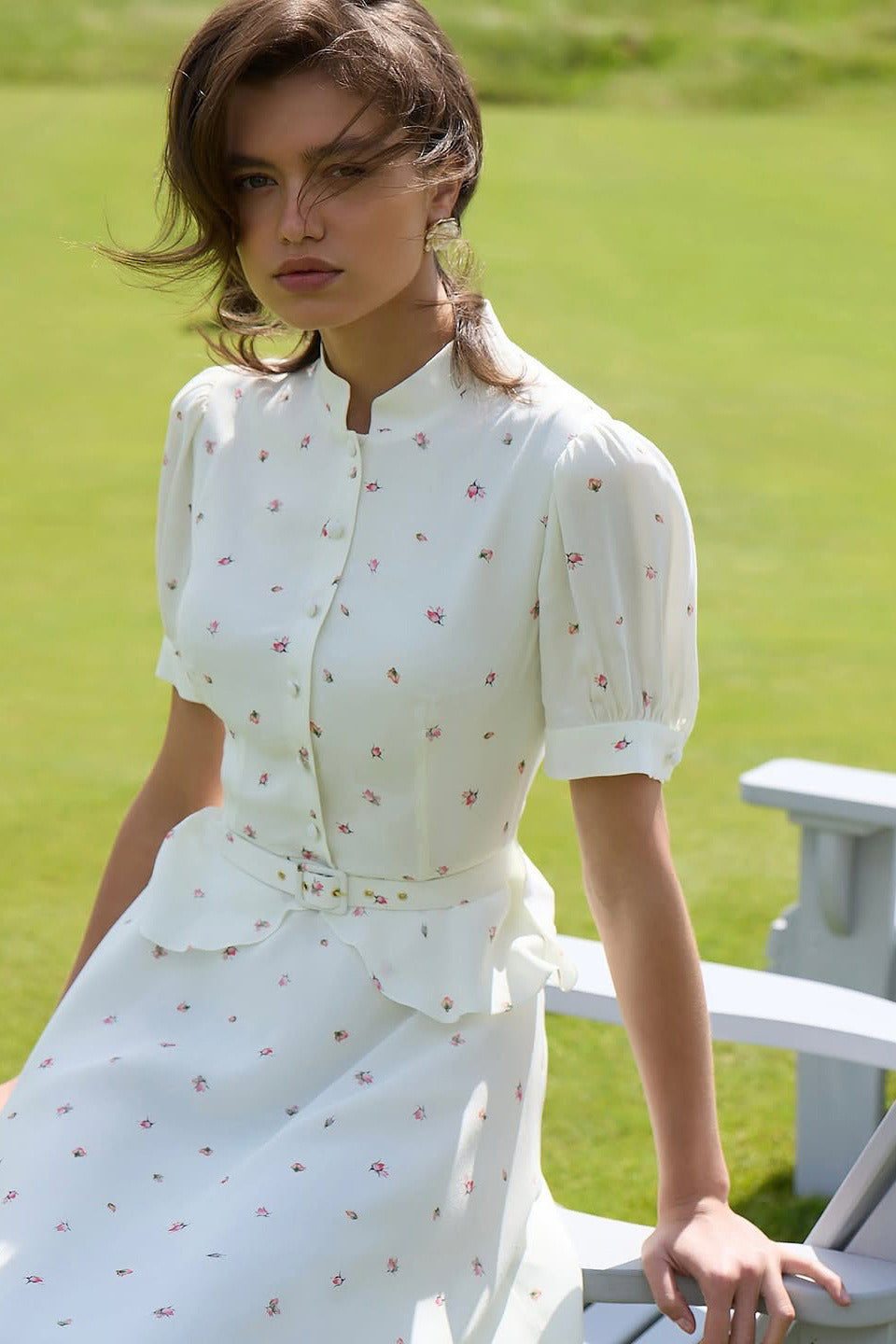 Puff Sleeve Stand Collar Waist Cinch Two Piece Set