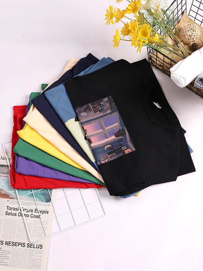 Abstract Simple Stroke Face Prints T-shirts Hip Hop Breathable Short Sleeve Soft Street Tops Female Tee Clothing