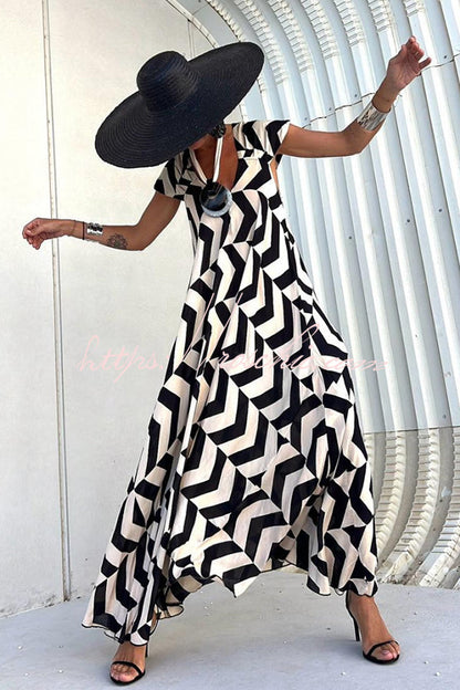 Fresh Breeze Unique Print Ruffle Sleeve A-line Maxi Dress