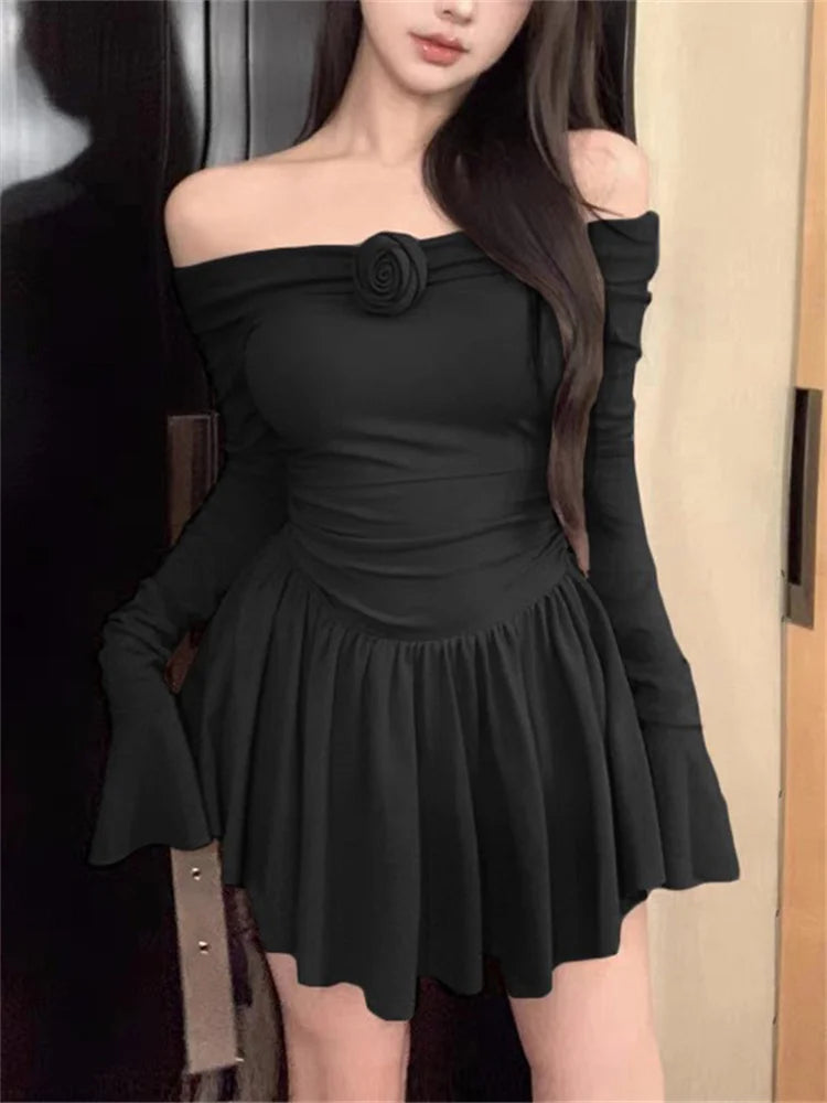 Black Ruffled Mini Dress Off-shoulder Long Sleeve Slim Backless Patchwork Dress Dress