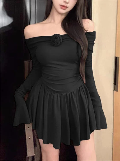 Black Ruffled Mini Dress Off-shoulder Long Sleeve Slim Backless Patchwork Dress Dress