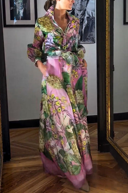 Seeds of Happiness Tulle Print Elastic Waist Belt Pocketed Maxi Skirt