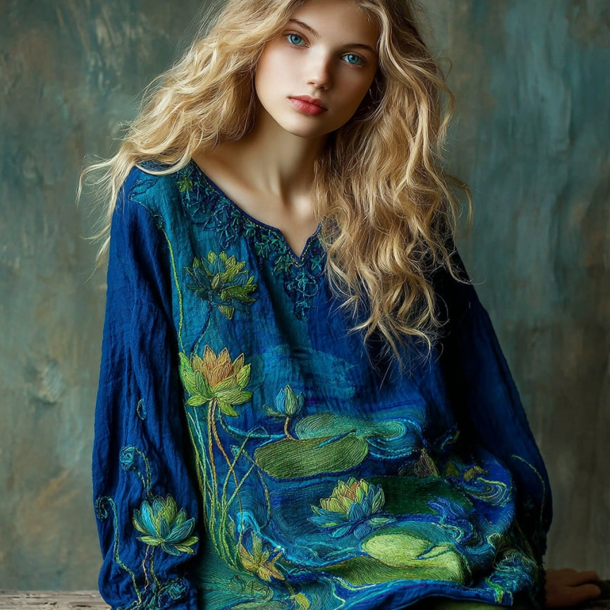 Women's Vintage Lotus Floral Landscape Art Embroidery V-neck T-shirt elevenforest